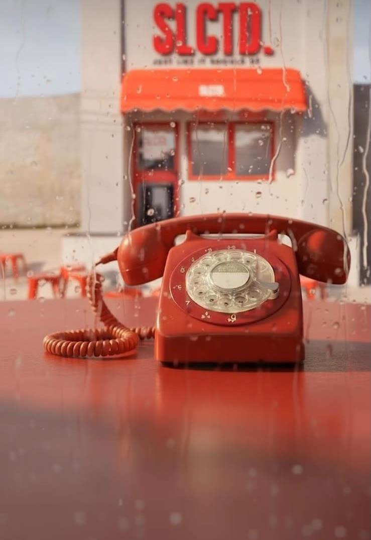 Red rotary phone in the rain outside SLCTD